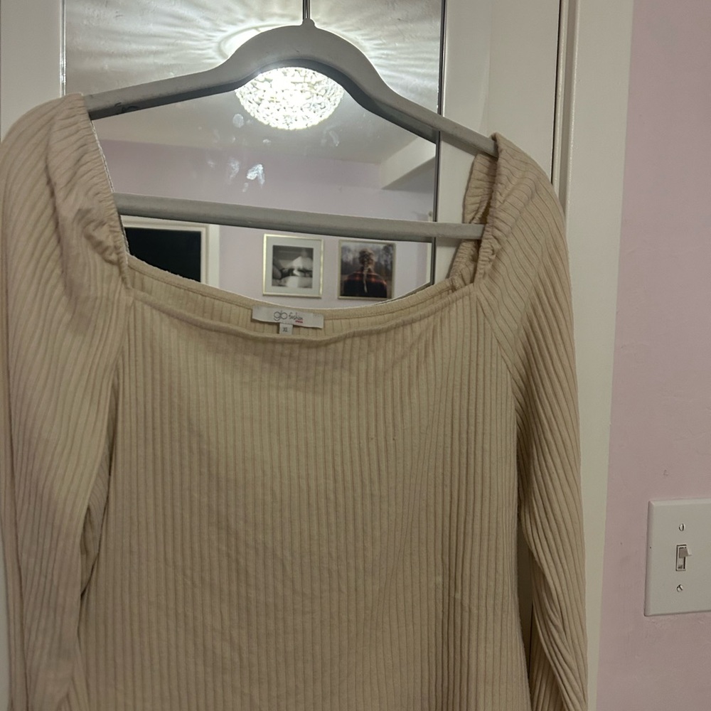 Cream Ribbed Long Sleeve Top